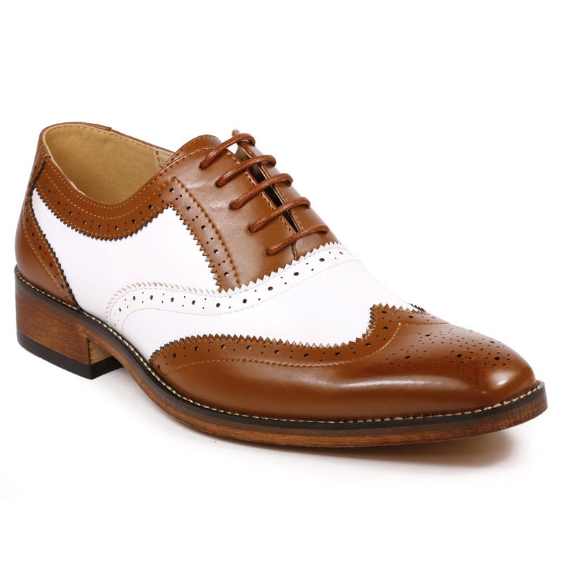 Metrocharm MC118 Men's Two Tone Perforated Wing Tip Lace Up Oxford Dress Shoes (11, Tan Brown White) - Image 1
